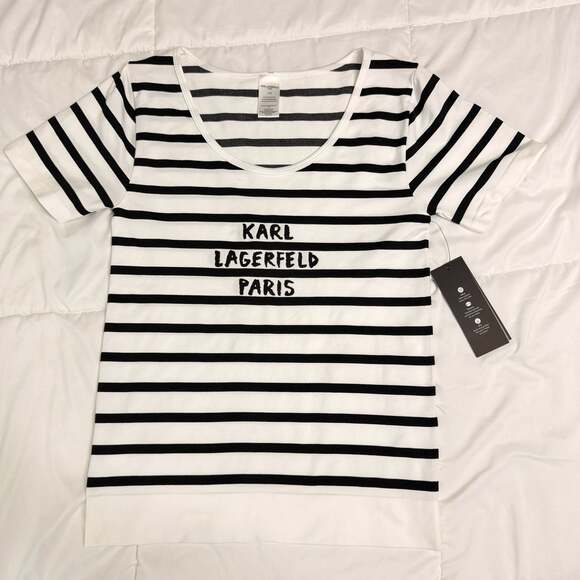 Karl Lagerfeld Tops - Karl Lagerfeld Paris Striped Logo Top NWT Size L Black White Knit Tee